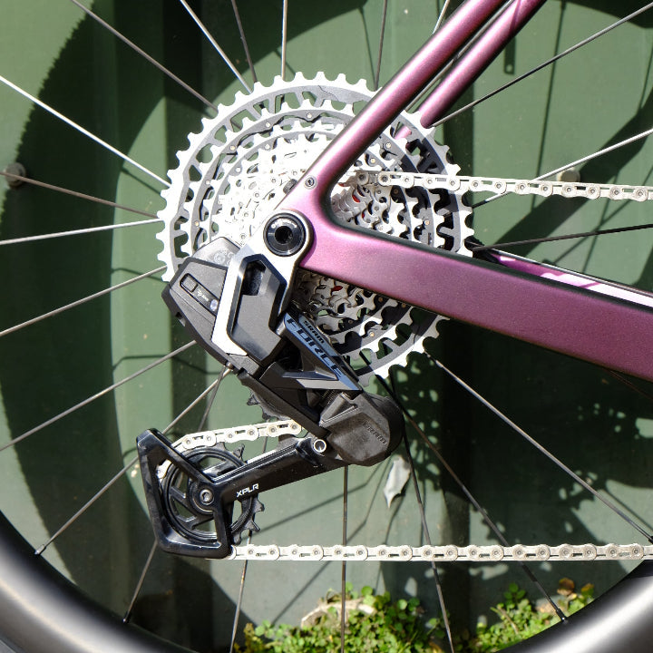 Cassette and rear derailleur of Handsling A1R0evoG SRAM Force XPLR gravel bike.