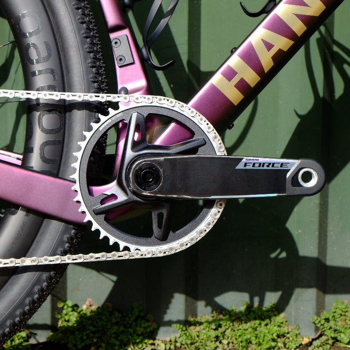 Chainring and cranks on Handsling A1R0evoG SRAM Force XPLR gravel bike.