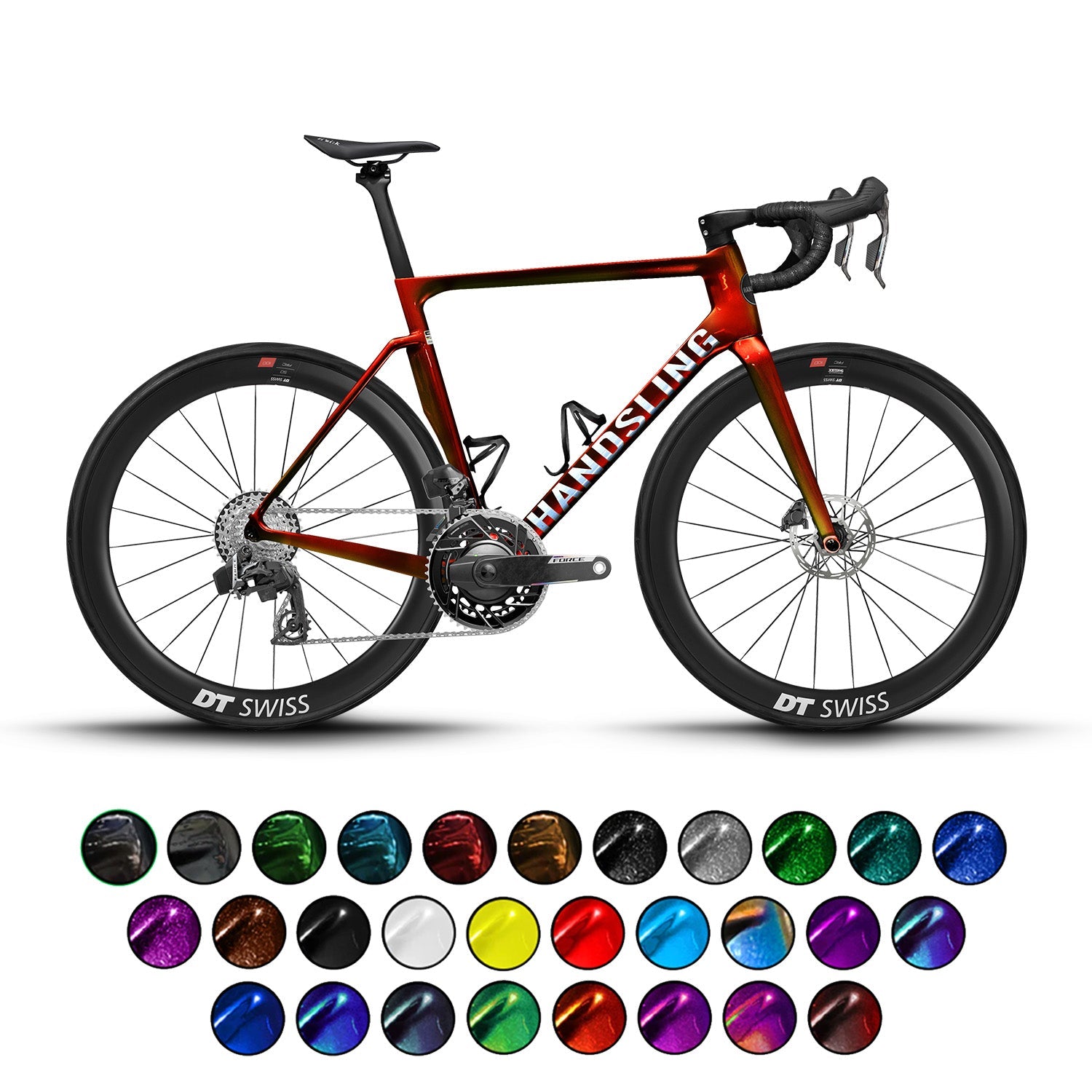 Red and black bicycle with Handsling branding on a white background, accompanied by a color swatch for customization.