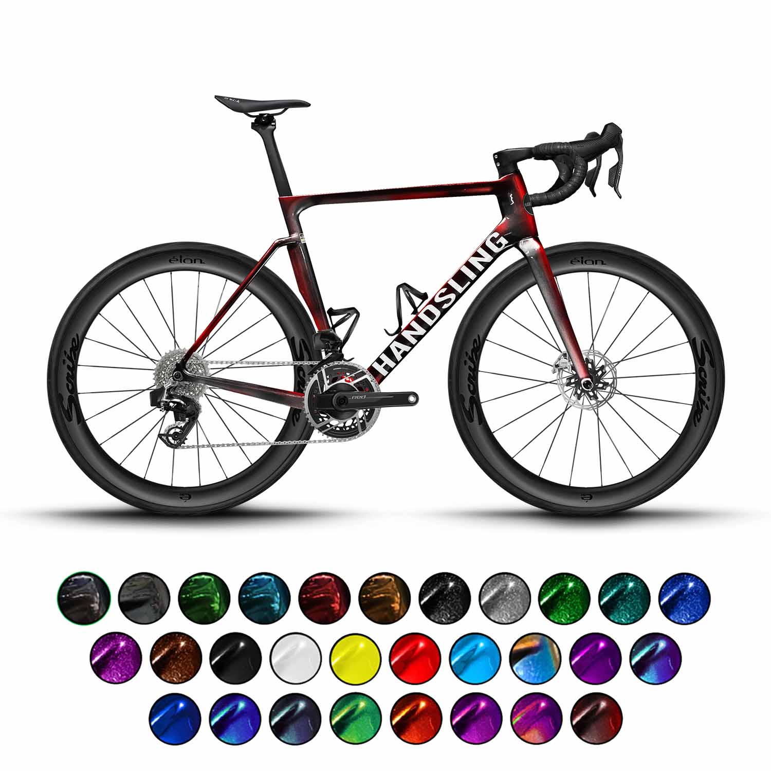A Handsling A1R0evoS SRAM RED AXS E1 road bicycle with a red and black color scheme, displayed alongside a palette of color options for customization.