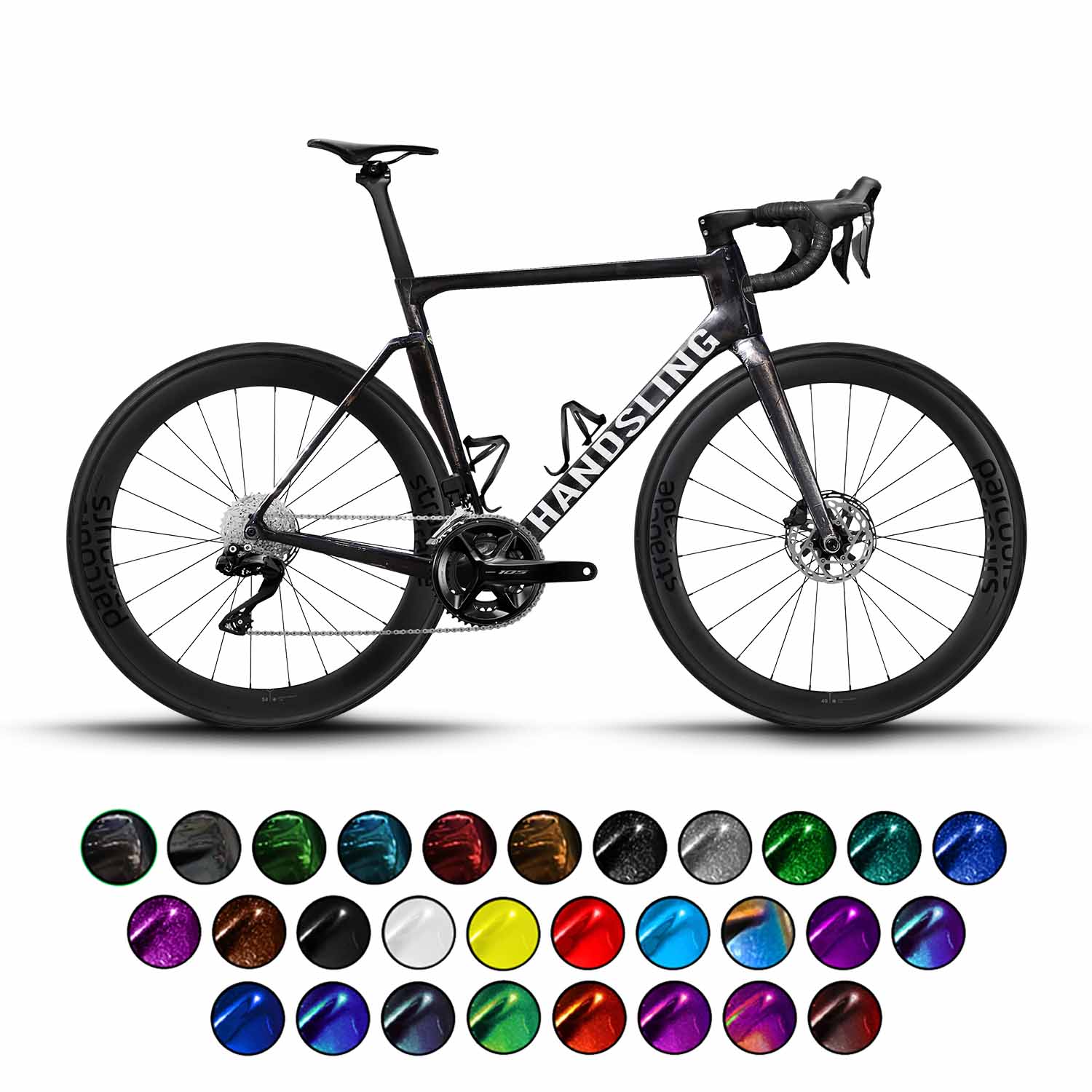 A Handsling A1R0evo Shimano 105 7120 mechanical groupset road bicycle with aerodynamic design, accompanied by a color palette of available paint options.