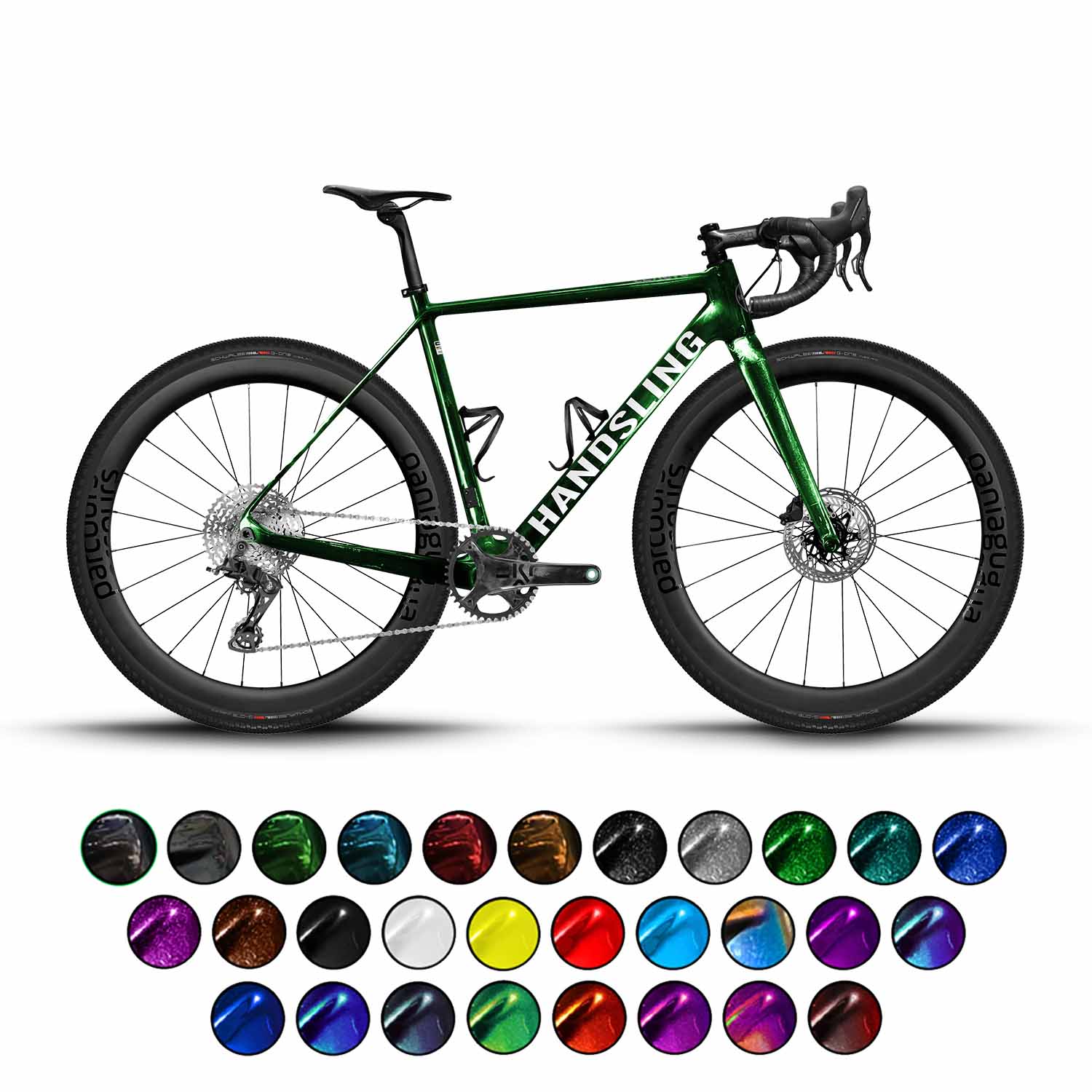 A Handsling CEXevo Campagnolo Ekar Gravel Bike in green color, displayed alongside a palette of color options for customization.