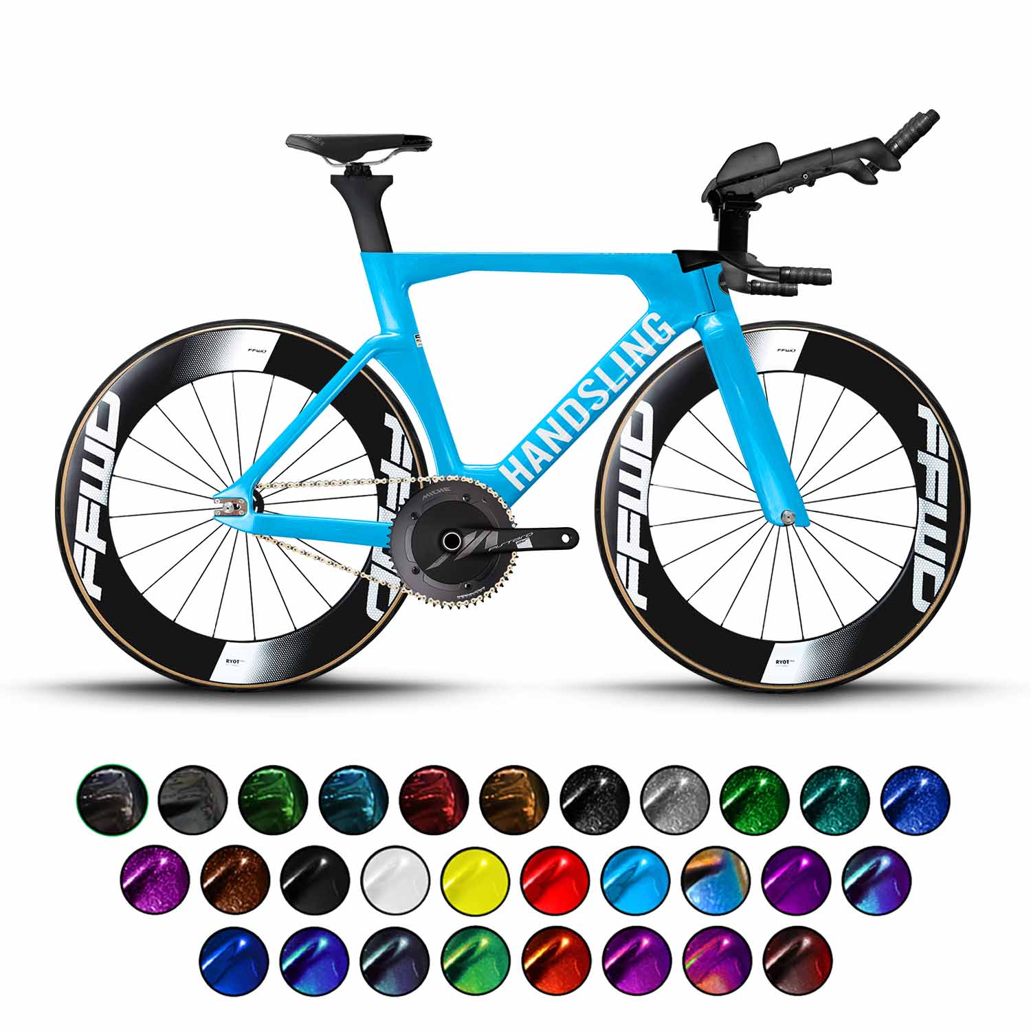 An image showcasing a Handsling TR2evoP Miche Track Pursuit Bike in blue color, with a selection of available color options for customization displayed alongside.