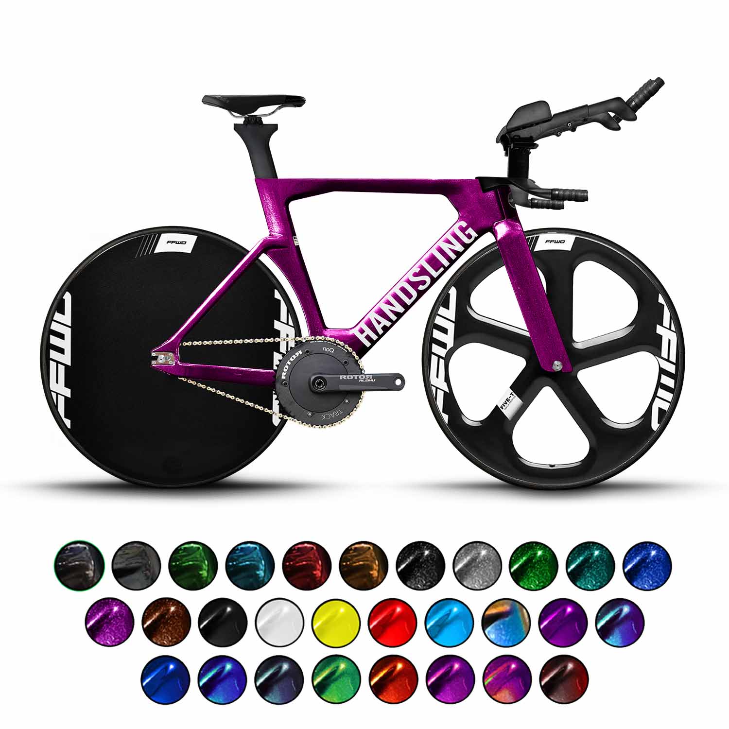 A Handsling TR2evoP Rotor Track Pursuit Bike with a purple and black color scheme, displayed alongside a palette of color options for customization.