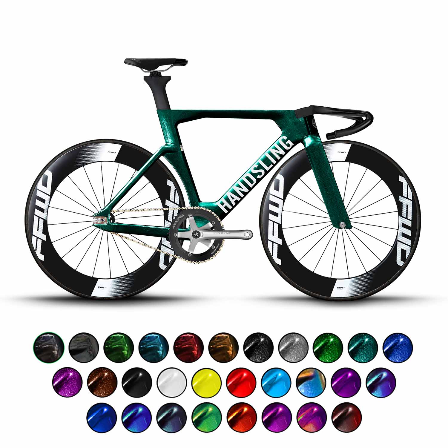 A Handsling TR2evoS Miche Track Sprint Bike with a carbon frame, displayed alongside a palette of color options for customization.