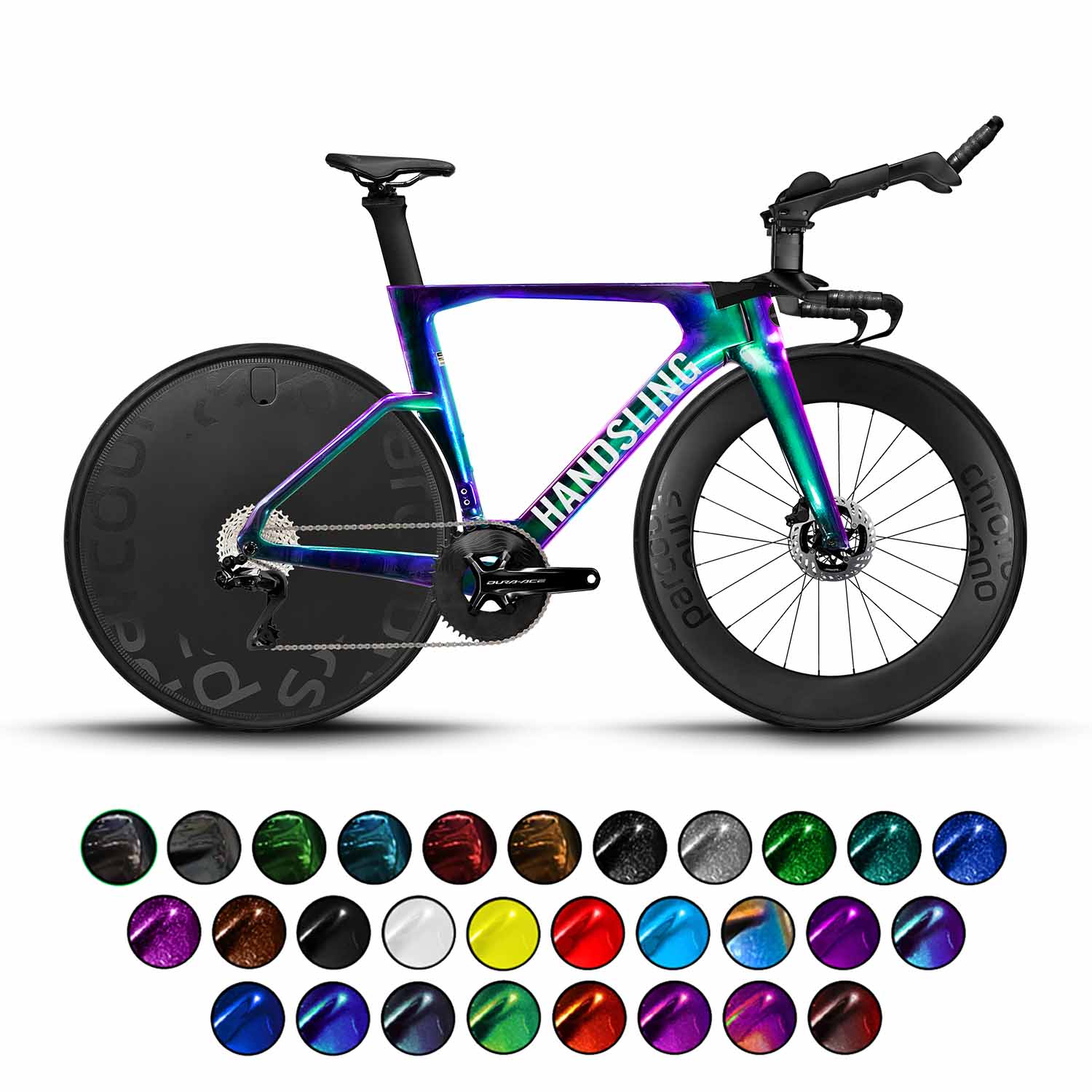 A Handsling TSTRevo time trial bike with a colourful colour shifting paint, accompanied by a selection of colour options for customisation.