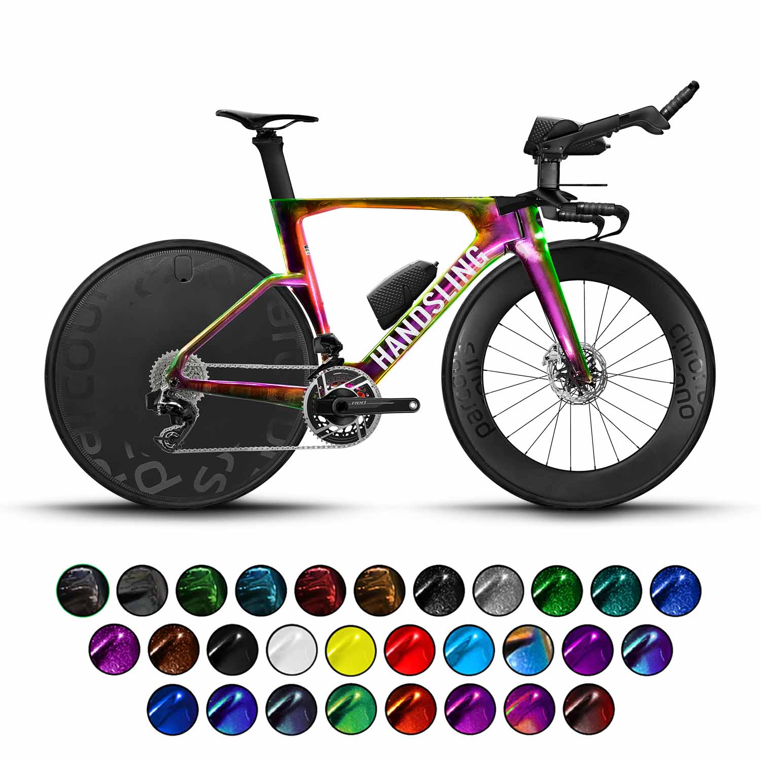 A Handsling TSTRevo SRAM RED AXS E1 time trial bike with a carbon frame, aerodynamic design, and a selection of color options for customisation.