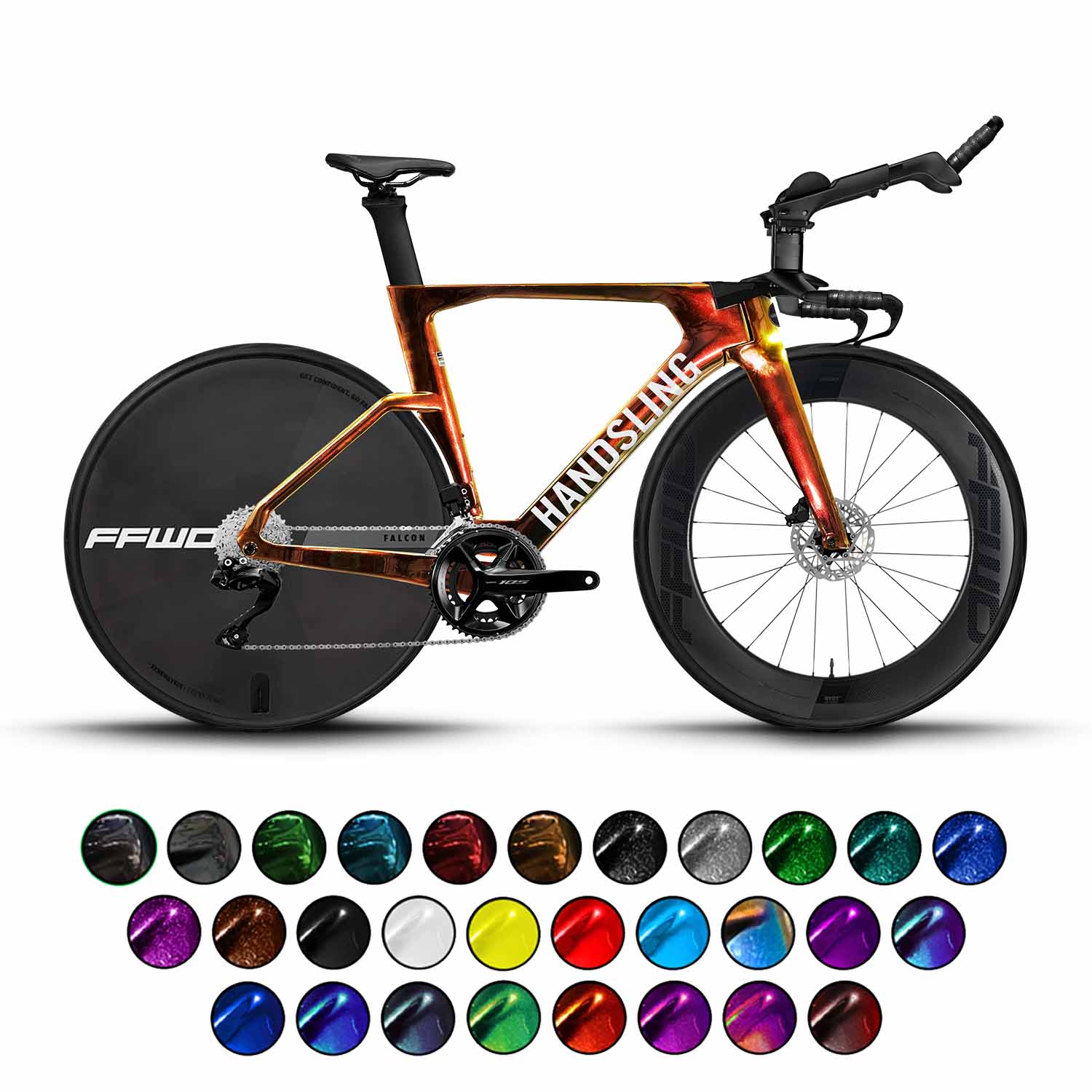 A Handsling TSTRevo Shimano 105 Di2 time trial bike with a carbon frame, aerodynamic design, and a colour palette. The image also includes a selection of colour options for customisation.