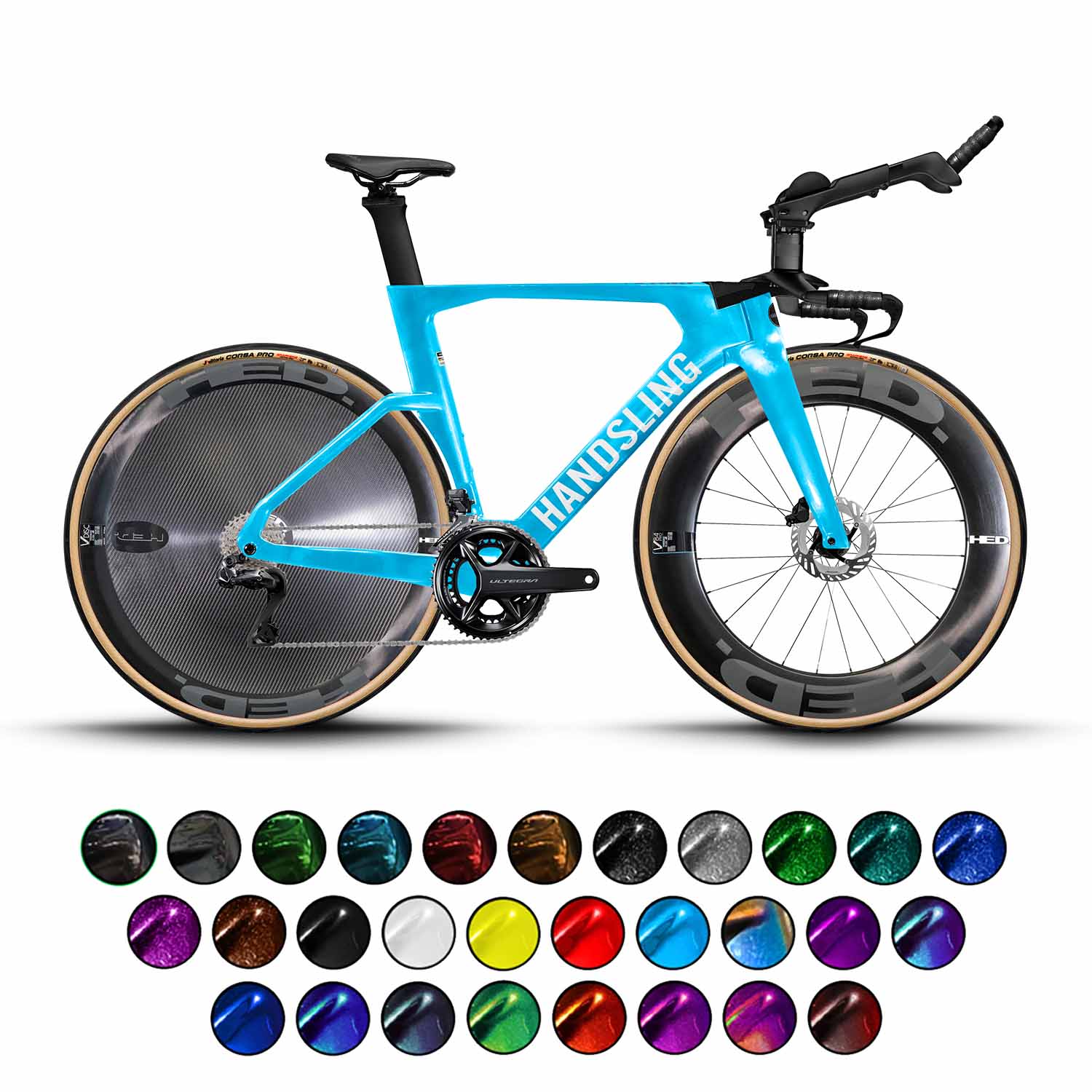 A Handsling TSTRevo Shimano Ultegra Di2 time trial bike with a carbon frame, displayed alongside a palette of color options for customization.